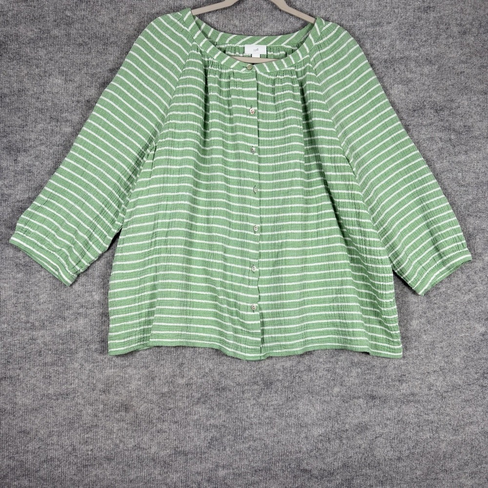 J Jill Size-2X Tunic Top Green White Stripe Gauze Cotton Button Front